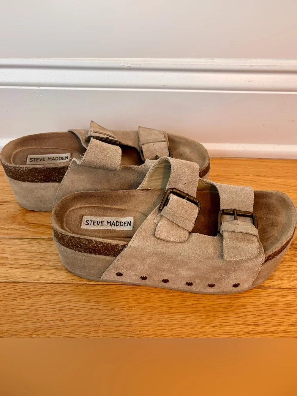 Steve Madden KALI Platform Sandals Taupe Suede Double Buckle Womens 7
